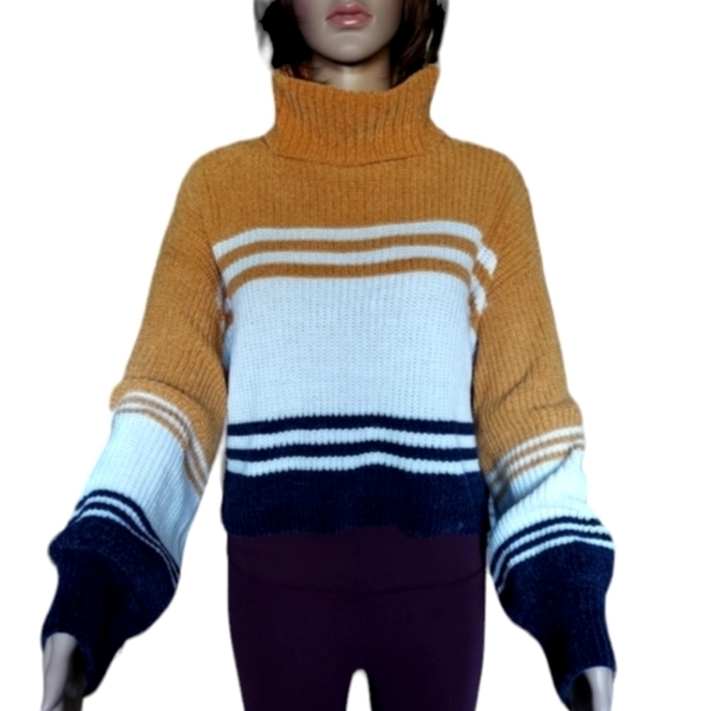 Takara Oversized Cropped Striped Turtleneck Sweater